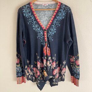 JOHNNY WAS  Midnight Blue Lightweight Cotton Cardigan: SMALL; P2P is 21"; NWOT!